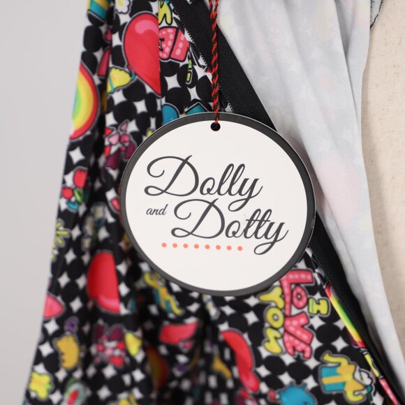 NWT DOLLY & DOTTY Black & Rainbow Retro Print Flare Dress Size 12 - Picture 7 of 9